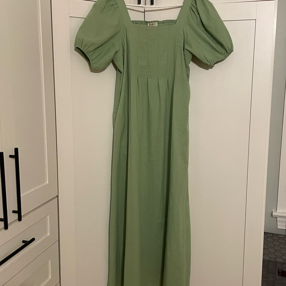Umgee Sage Green Square Neck Maxi Dress with Puff Sleeves